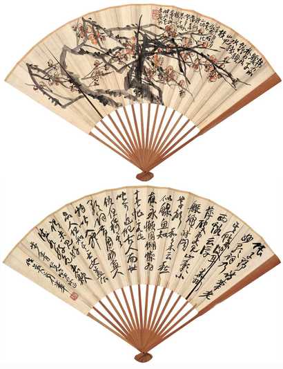 蒲华 1901年作 铁骨冰花图并草书书法 成扇
